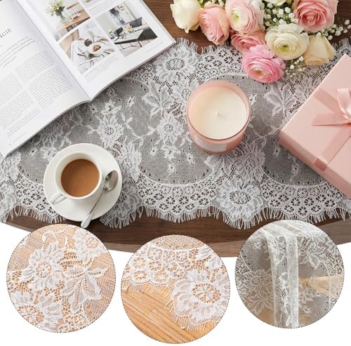 16 Pcs Lace Table Runner White Rustic Lace Fabric Table Runners with Rose Embroidered Floral for Wedding Bridal Vintage Boho Table Runners Thanksgiving Christmas Party Decoration 14 x 120 Inch - Image 4