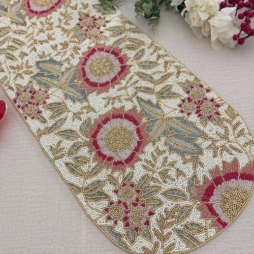 Handmade Table Runner, Beaded Table Runner, Spring Floral Bead Runner, 13x36 inch by Enliven