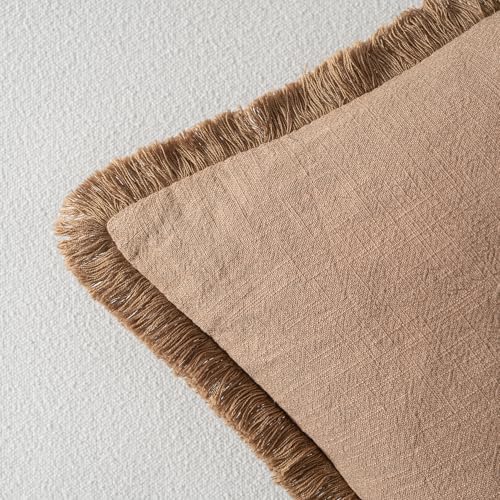 MIULEE Boho Linen Fringe Decorative Fall Throw Pillow Covers Brown 16x16 - Image 3