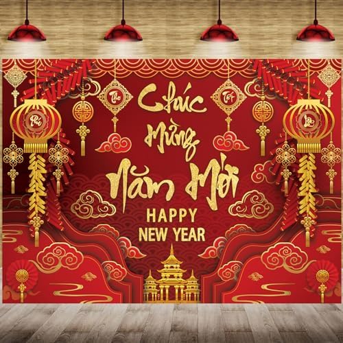Happy Vietnamese New Year Backdrop 10x8FT 2026 Vietnamese Lunar New Year Photography Background 2026 TET Decorations Kids Family Photoshoot Studio Props by CINRAY