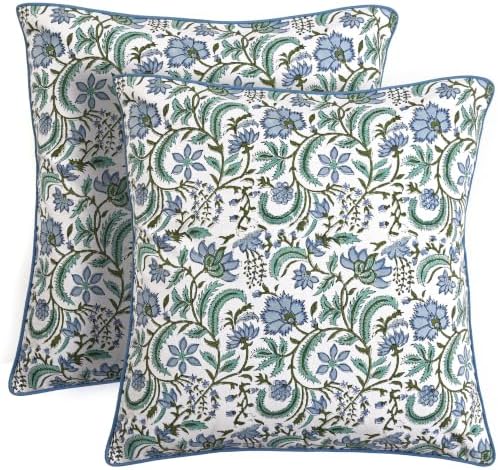Ridhi Block Print Columbia Blue Cotton Pillow Cover 24" x 24" (Set of 2) by Ridhi