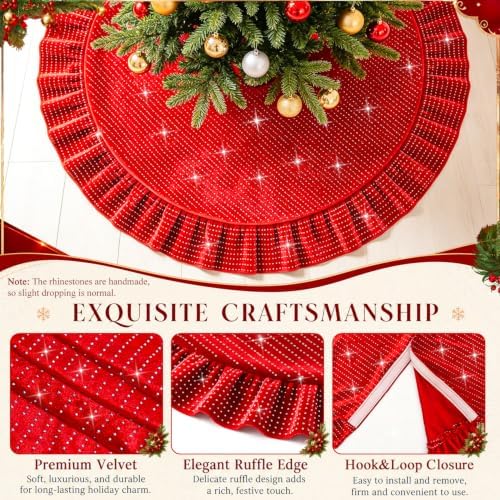 Red Tree Skirt Small Sequin Christmas 60 Inch Velvet Mini for Pencil Glitter Skirts Collar Sparkle Decorations - Image 2