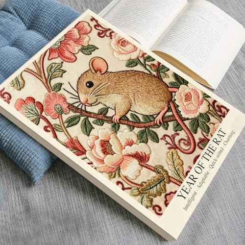 Elegant Chinese Zodiac Wall Art - Year of the Rat Poster with Embroidery Style Floral Pattern for Home Office and Apartment Decor 16X24 in Black Framed - Image 3