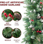 Christmas Garland with Prelit 9ft Christmas with 50 Warm White Lights, Pulg in, Snow PVC Mixed PE Pine Cones Red Berry Garland Xmas Decor for Stairs Wall Door Indoor Outdoor - Image 3