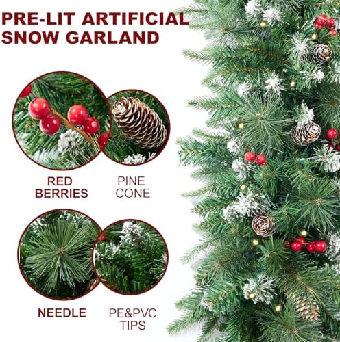 Christmas Garland with Prelit 9ft Christmas with 50 Warm White Lights, Pulg in, Snow PVC Mixed PE Pine Cones Red Berry Garland Xmas Decor for Stairs Wall Door Indoor Outdoor - Image 3