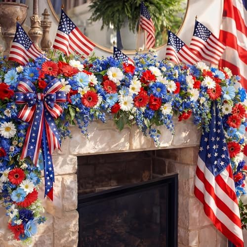 6 ft Red White Blue Garland 4th of July Patriotic Flower Garland for Mantle Artificial 250th Decoration with Daisy Lavender Vine Memorial Day Faux Floral for Independence Table Decor by FineCheer
