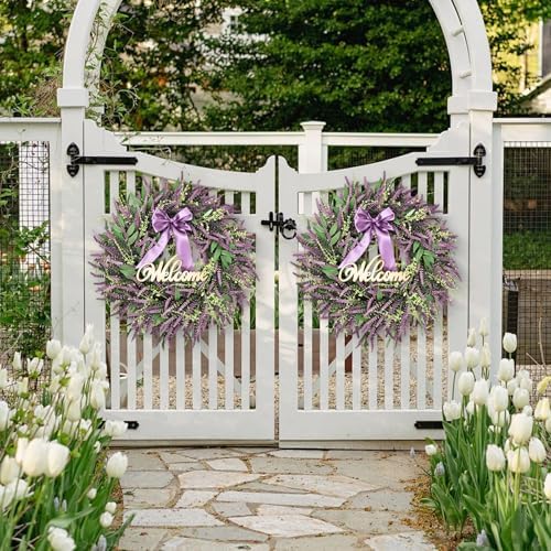 26 Inch Purple Lavender Wreath for Front Door, Lifelike Artificial Eucalyptus Door Hanger with Welcome Sign, Fade-Resistant Floral Ring for All Seasons Home Decor, Farmhouse Wall Ornament - Image 6