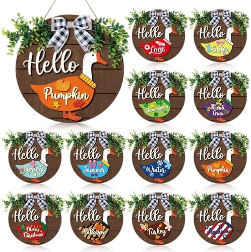 Weysat 13 Pcs Interchangeable Wooden Goose Decor, 11.8 Inch Holiday Seasonal Welcome Changeable Hello Geese Signs Rustic Farmhouse Front Door Round Wreaths Hanging Decorations for Porch Home Outdoor by Weysat