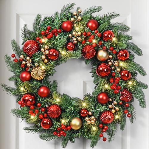 Christmas Wreath with Lights, 2 Pack 20 Inch Christmas Wreaths for Front Door, Large Winter Door Wreath with Ball Ornaments, Berries and Norfolk Pines, Xmas Decor for Indoor Outdoor Wall Windows by Yastouay