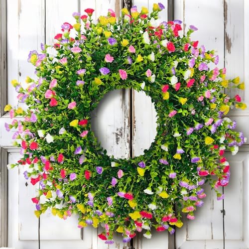 Spring Summer Wreaths for Front Door, 24 Inch Large Farmhouse Colorful Cottage Wreath, Extra-Full 378 Silk Artificial Carnation Floral Wreath, Blossom & Greenery Hanging for Porch, Home Decorations by JulakoOnline