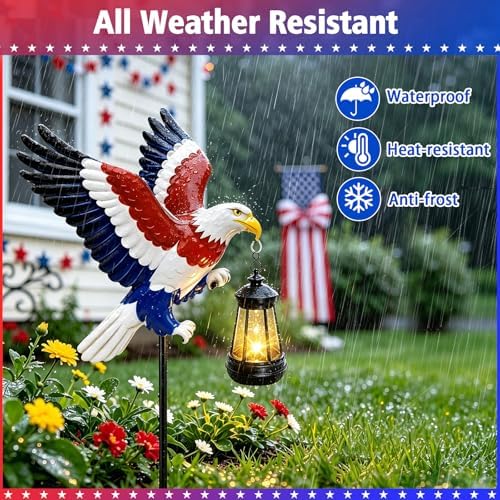 4th of July Decorations Solar Lights Outdoor, Patriotic American Eagle Hanging Lantern Waterproof, Metal Garden Decor for Independence Day Veterans Day Holiday Party Decoration Yard Patio Decor - Image 3