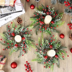 8 Pcs Christmas Candle Rings Wreaths Artificial Snowy Pine Cedar Red Berry Clusters Candle Rings Wreaths Mini Christmas Balls Wreath for Xmas Winter Front Door Window Decorations - Image 2