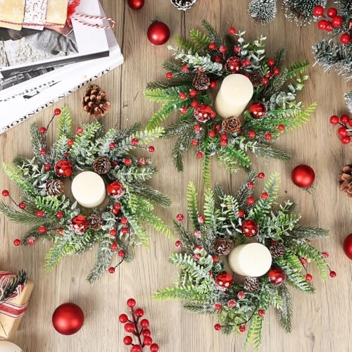 8 Pcs Christmas Candle Rings Wreaths Artificial Snowy Pine Cedar Red Berry Clusters Candle Rings Wreaths Mini Christmas Balls Wreath for Xmas Winter Front Door Window Decorations - Image 2