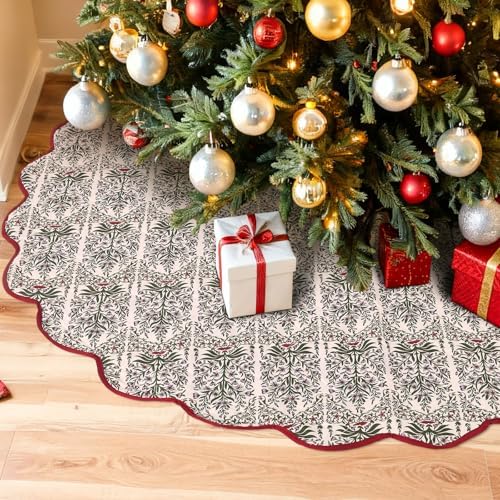 MiniInflat Quilted Christmas Tree Skirt - Vintage Floral Block Print Christmas Tree Skirt with Scalloped Edge Thicken Cotton for Home Decorations Holiday Party Gift(60 Inch,Gingham Floral,Prune Red) - Image 5