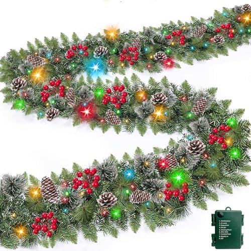 TURNMEON 9 Ft Prelit Artificial Christmas Garland Decor Timer 50 Lights 8 Modes Berry Snowy Bristle Pinecone Battery Operated Xmas Christmas Decoration Mantle Fireplace Home Indoor Outdoor by TURNMEON