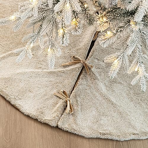 Glitzhome 48”D Milk Coffee Brown Christmas Tree Skirt,Large Faux Rabbit Fur Rustic Xmas Tree Skirt for Christmas Home Party Holiday Decorations by Glitzhome