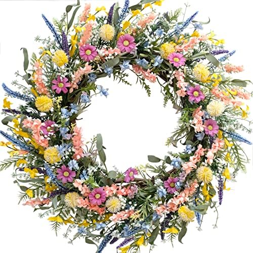 26 Inch Spring Summer Colorful Flower Wreath for Front Door, Forsythia Lavender Wild Flowers Wreath for Home Decor, Colorful Wild Flowers with Green Leaves for Everyday by Egolot