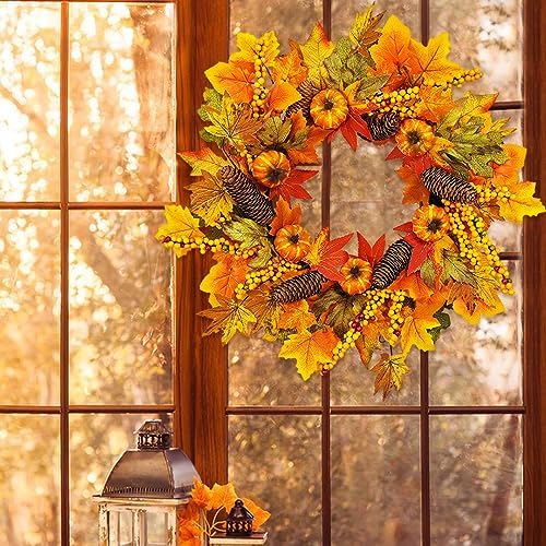 GLLBTPT 20in Fall Wreath Full Handcrafted Autumn Front Door Wreath with Pumpkins Maple Leaves Berries for Halloween Thanksgiving Harvest Decoration (Maple Leaf) - Image 6