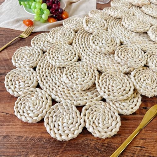 IcosaMro 13.8" Boho Placemats Set of 6 Round Woven Placemats Natural Table Place Mats for Dinning Table Indoor & Outdoor Wicker Wicker Charger Plates for Wedding Christmas Thanksgiving Events - Image 4