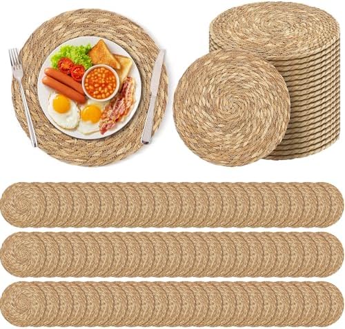 Kochorie Set of 120 Round Woven Placemats 13.8 Inches Bulrush Placemats Natural Hand-Woven Boho Rattan Placemat Wicker Table Mats Farmhouse Weave Place Mats for Home Dining by Kochorie