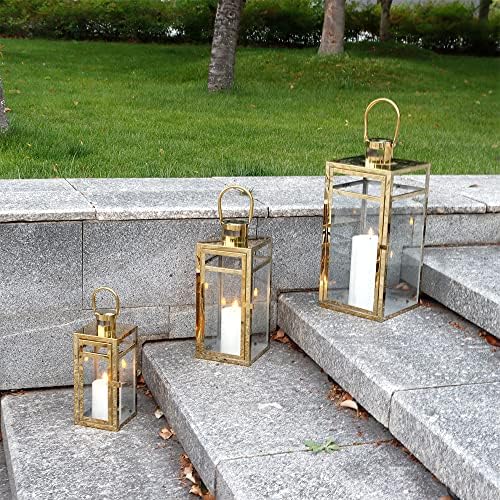 TRIROCKS Elegant Gold Stainless Steel Lantern Set- 3 Sizes (12", 15", 19") - Tempered Glass Panel Metal Lanterns for Versatile Indoor & Outdoor Decorating - Perfect for Celebrations - Image 4