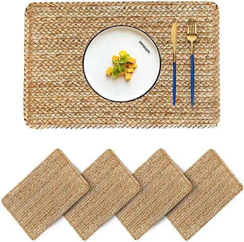 Woven Placemats Set of 4 Rattan Placemats Rectangle Natural Placemats Wicker Heavy Braided Straw Placemat Farmhouse Square Plates Place mats for Indoor/Outdoor Patio Table 17.7'' X 11.8'' by CYSISTERS