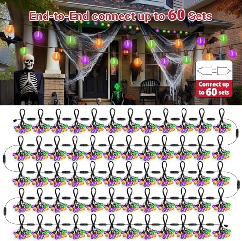 LAMPHOME Globe Outdoor Halloween String Lights, 4 Pack 26FT Patio Lights with 12+1 Edison Shatterproof Bulbs, Connectable Dimmable Waterproof for Backyard Porch Halloween Decor, Orange Green Purple - Image 7