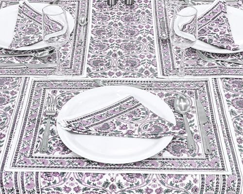 60x90 Inches Rectangle Hand Block Printed Cotton Tablecloth, White Purple Floral Table Cloths Washable, Indian Table Linen For Halloween Christmas Outdoor Thanksgiving Gifts Home Decor Dinning Outdoor - Image 4