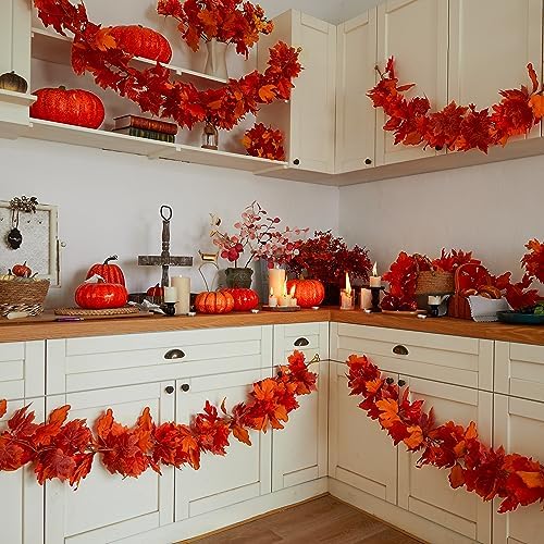 PARTY JOY 6PCS Orange Leaf Garland, 5.6Ft Halloween Garland Artificial Maple Leaf Autumn Hanging Fall Vines Thanksgiving Decorations Fall Decor - Image 6