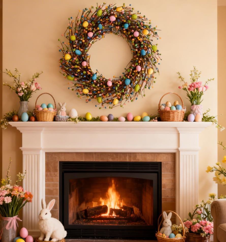 26 Inch Spring Easter Colorful Egg Wreath for Front Door, Colorful Home Decoration Easter Eggs and Berries Wreath for Indoor and Outdoor Use - Image 3