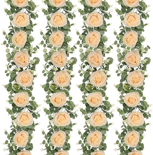 Dolicer 4Pcs 26Ft Artificial Eucalyptus Garlands with Flowers - 8 Roses, Faux Floral Greenery Garlands Fake Flowers Vines for Wedding Table Centerpieces Arch Party Ceremony Backdrop Decor (Champagne) by DolicerLANDSCAPEQ