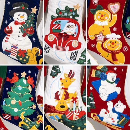 LUBOT 6 Pack Christmas Stockings Embroidered 20" Velvet Large Family Xmas Stocking Set of 6 Cute Cartoon Soft Luxury Stocking with Gold Piping Fireplace Hanging Holiday Decor - Image 4