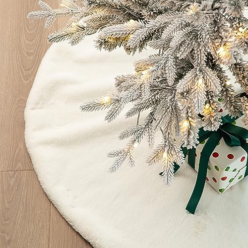 Glitzhome 48”D White Faux Rabbit Fur Christmas Tree Skirt,Rustic Xmas Tree Skirt for Christmas Home Party Holiday Decorations - Image 7