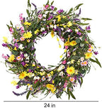 J'FLORU Spring Wreath 24 Inch Summer Wreaths for Front Door Artificial Flower Wreath with Daisy and Lavender for Indoor Outdoor and Easter Celebration - Image 2
