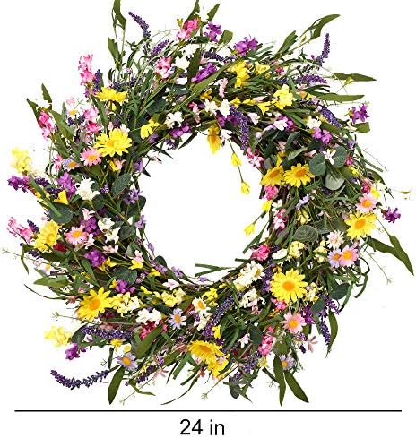 J'FLORU Spring Wreath 24 Inch Summer Wreaths for Front Door Artificial Flower Wreath with Daisy and Lavender for Indoor Outdoor and Easter Celebration - Image 2