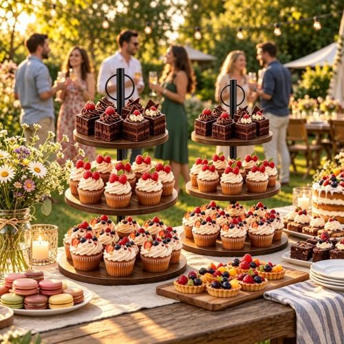 Cupcake Stand, 3 Tier Wood Cake Stands Rustic Cupcake Tower, Round Tiered Tray Stand for Dessert Table Display, Industrial Wooden Serving Stand Wedding, Graduation and Baby Shower (Zhong 1Pack) - Image 3