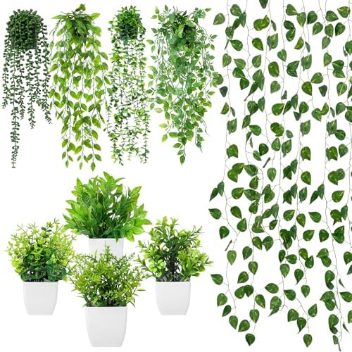 XunYee 12 Pack Fake Plants & Hanging Plant Set for Wall Plant Decor, White by XunYee