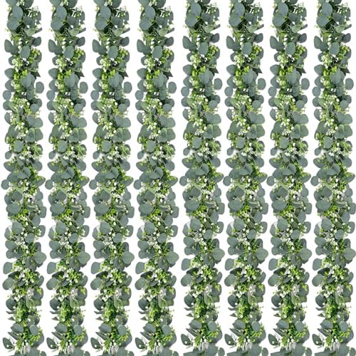 Waipfaru 8Pcs Eucalyptus Garland, 5.9FT Greenery Garland, Green Garland with Flowers, Artificial Faux Silver Dollar Eucalyptus Leaves Vines for Table Home Wedding Mantle Party Indoor Outdoor Decor by Waipfaru