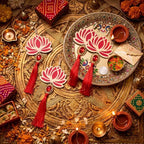 AceOrbit 24 Pcs Red Lotus Diwali Hanging Decorations for Home 10 Inch Wooden Lotus Garlands Backdrop Wall Hanging for Indian Pooja Ganesh Chaturthi Navratri Temple Wedding Decor - Image 5