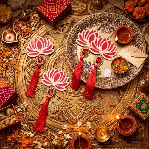 AceOrbit 24 Pcs Red Lotus Diwali Hanging Decorations for Home 10 Inch Wooden Lotus Garlands Backdrop Wall Hanging for Indian Pooja Ganesh Chaturthi Navratri Temple Wedding Decor - Image 5