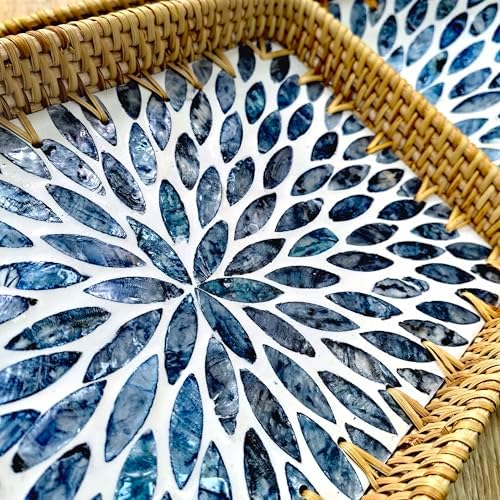 Set of 2 Rectangular Mother of Pearl & Rattan Trays - Artisanal Leaf Pattern Serving Trays for Dining & Dresser - Tropical Decorative Nesting Organizers for Living Room (Blue & White) - Image 5