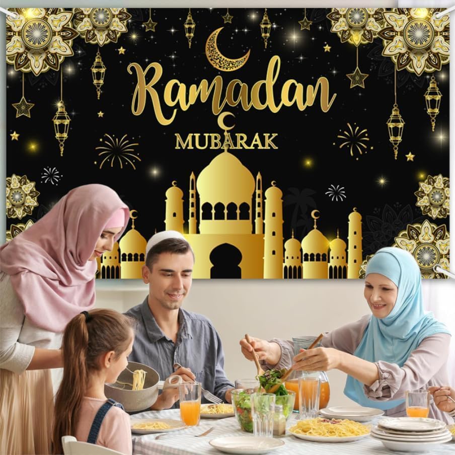 AIBIIN 8X6ft Ramadan Mubarak Backdrop Black Gold Muslim Kareem Banner Eid Al-Adha Mubarak Party Decorations Banner Photo Shoot Props - Image 4