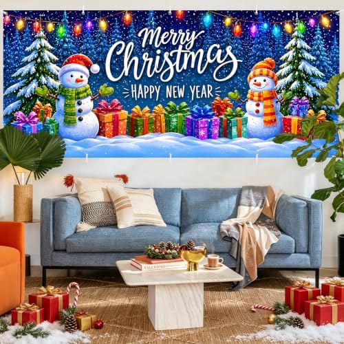 Christmas Garage Door Banner Mural - Merry Christmas Happy New Year Snowman Backdrop - Large 7x16ft Winter Holiday Outdoor Wall Decor - Durable Weatherproof Fabric Cover for Home Xmas Party - Image 6