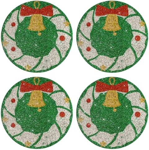 15" Christmas Rhinestones Placemats Set of 4, Green Wreath by Cumouna
