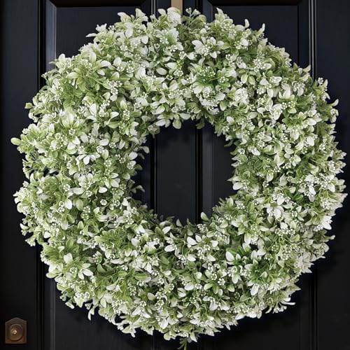 26" Large Artificial Boxwood Wreath for Front Door Decoration (White-Green) by FOTEEWL