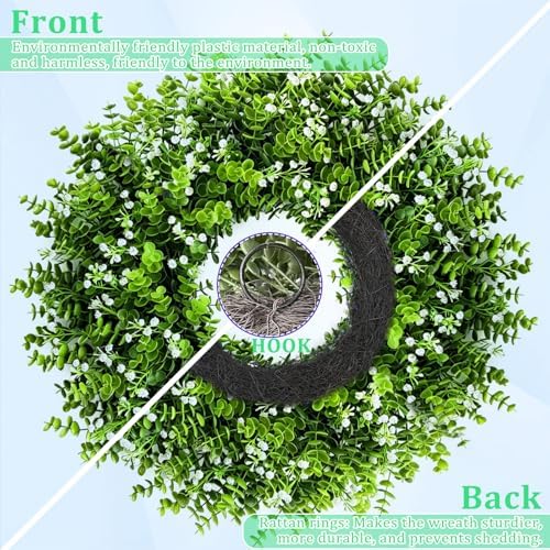 26" Eucalyptus Wreath for Front Door, Large Artificial Eucalyptus with Baby's Breath Greenery Flowers Wreath for Home, Porch, Farmhouse Wall Decor, Spring, Summer, Fall, All Seasons - Image 5