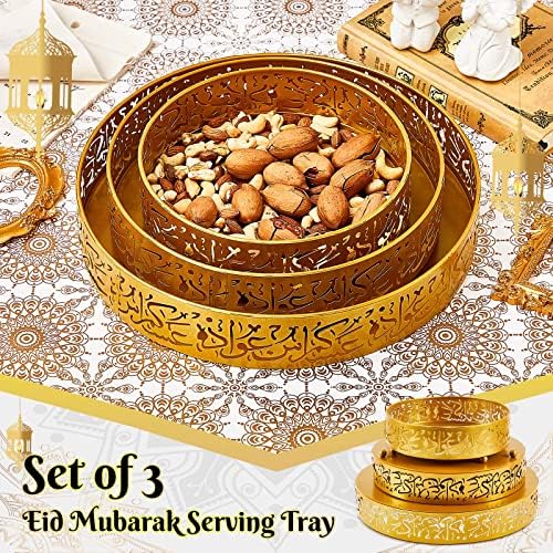 Ramadan Serving Trays - 3 Pieces Iron Gold Round Platter, 3 Sizes Eid Candy Dish, Muslim Pastry Snacks Dessert Holder for Ramadan Mubarak Party Supplies Home Decor - Image 4