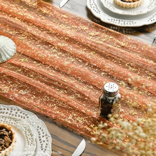 Artoid Mode Orange Gold Gauze Table Runner 120 Inch 10FT, Glitter Metallic Foil Sheer Dining Wedding Anniversary Holiday Table Decor for Home Party - Image 4