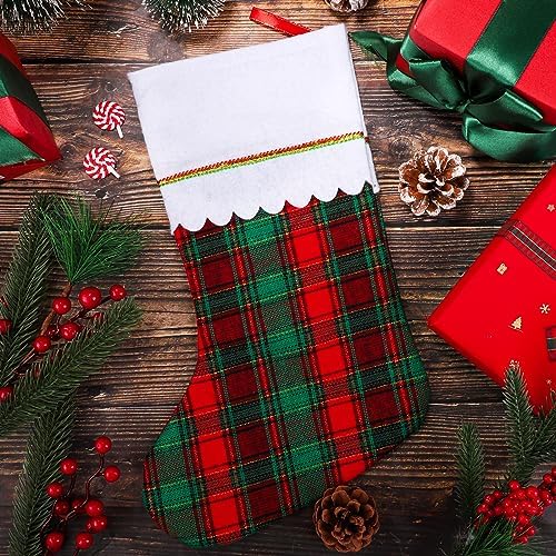 Fovths 24 Pack 18 Inch Red Green Buffalo Plaid Christmas Felt Stockings with White Plush Trim Large Red Buffalo Plaid Fireplace Hanging Stockings for Family Holiday Decoration Christmas Party Favors - Image 4
