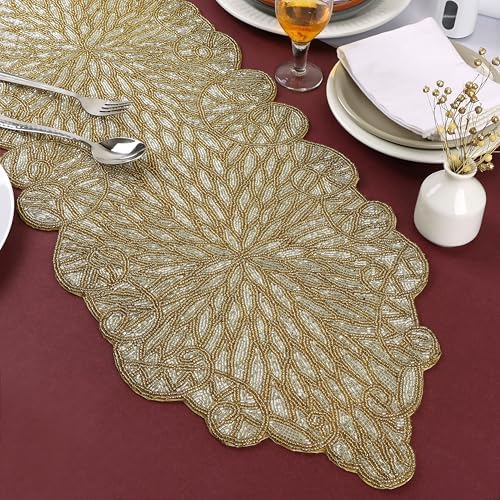 Hand Beaded Table Runner 13 x 36 Inch, Decorative Glass Bead Table Runner with Polyester Back, Elegant Dining Table Centerpiece for Coffee, Console & Buffet Tables, Wedding, Holiday & Home Décor - Image 3